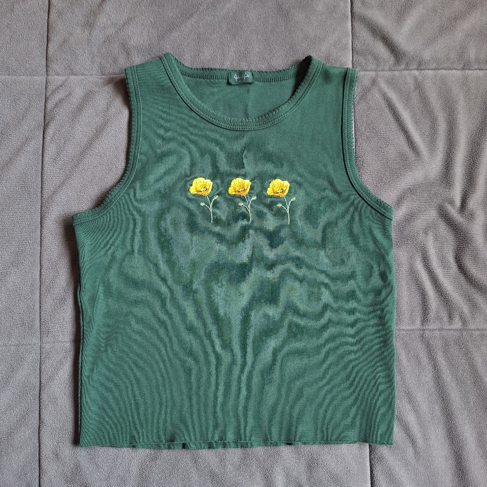 brandy melville dark green embroidered floral crop tank